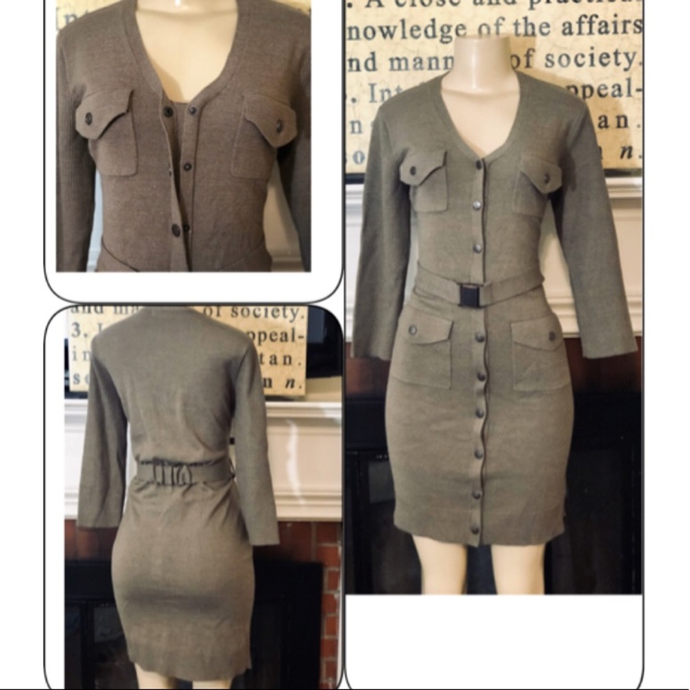 NEWYORK & CO TAN BUTTON BELTED SWEATER DRESS